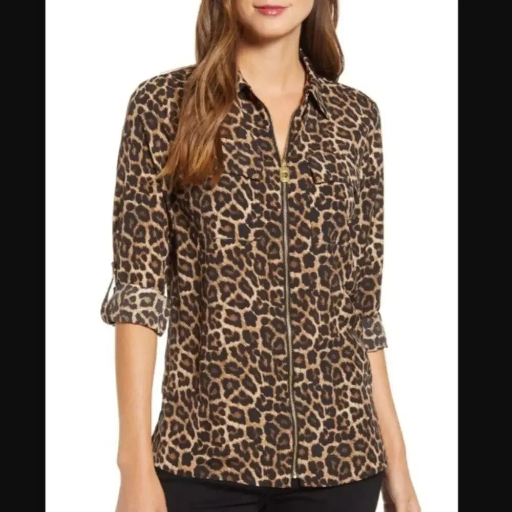 MICHAEL KORS | 3/4 Long Sleeve Animal Leopard Print Full Zip Blouse Womens XS